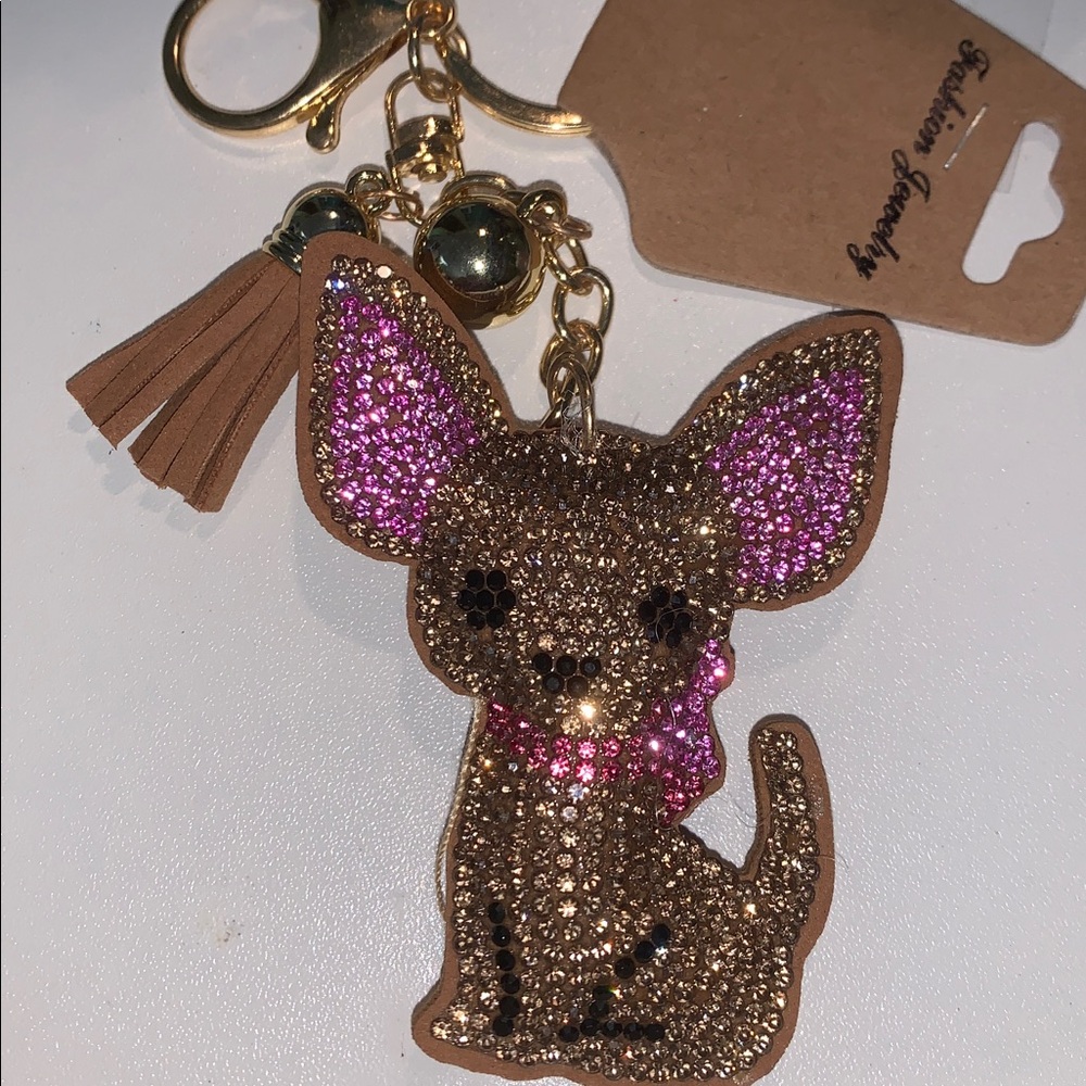 Crystal Chihuahua dog purse/bag charm keychain w/ tassel